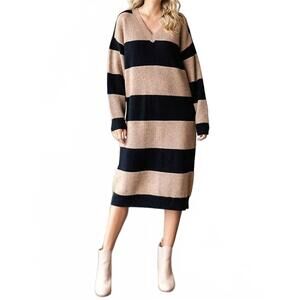 NEW FIRST LOVE striped knit sweater dress in black